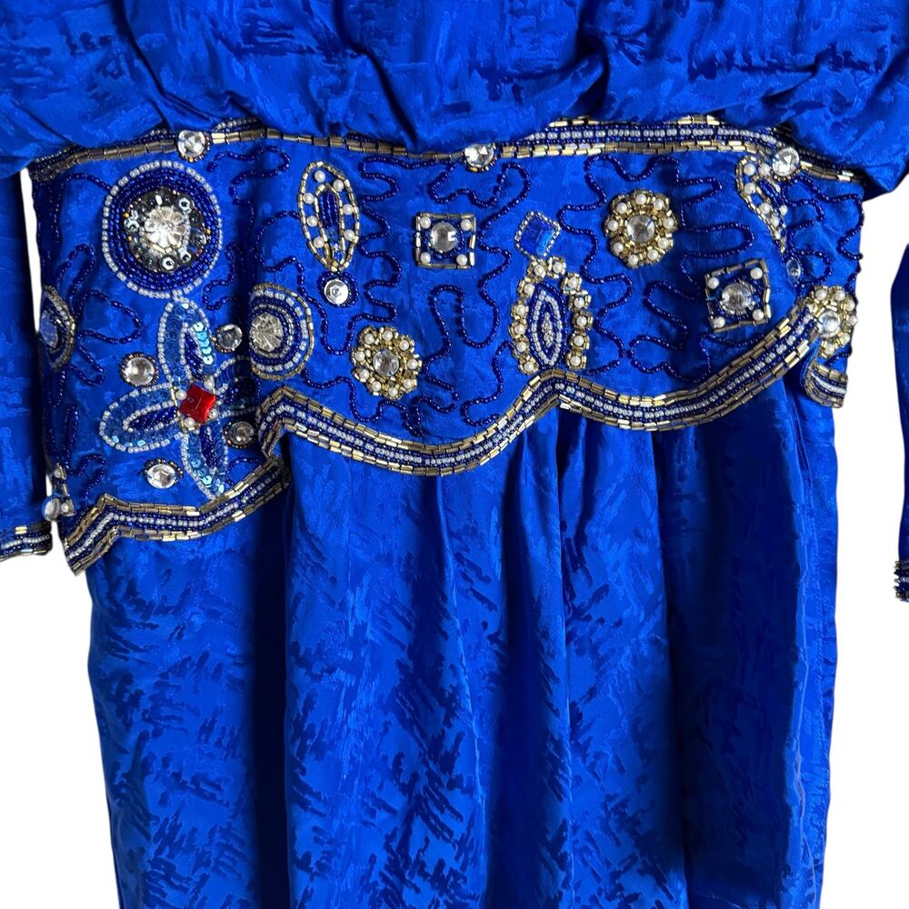 Vintage 80s d’ore Royal Blue Jewel Beaded Silk Jacquard Long Sleeve Dress Size 8 - Picture 4 of 11